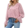thumbnail image 4 of hirigin Women Lace Chiffon Shirt Casual Solid Color V Neck Flared Long Sleeve Basic Pullover Tops for Club Streetwear, 4 of 7