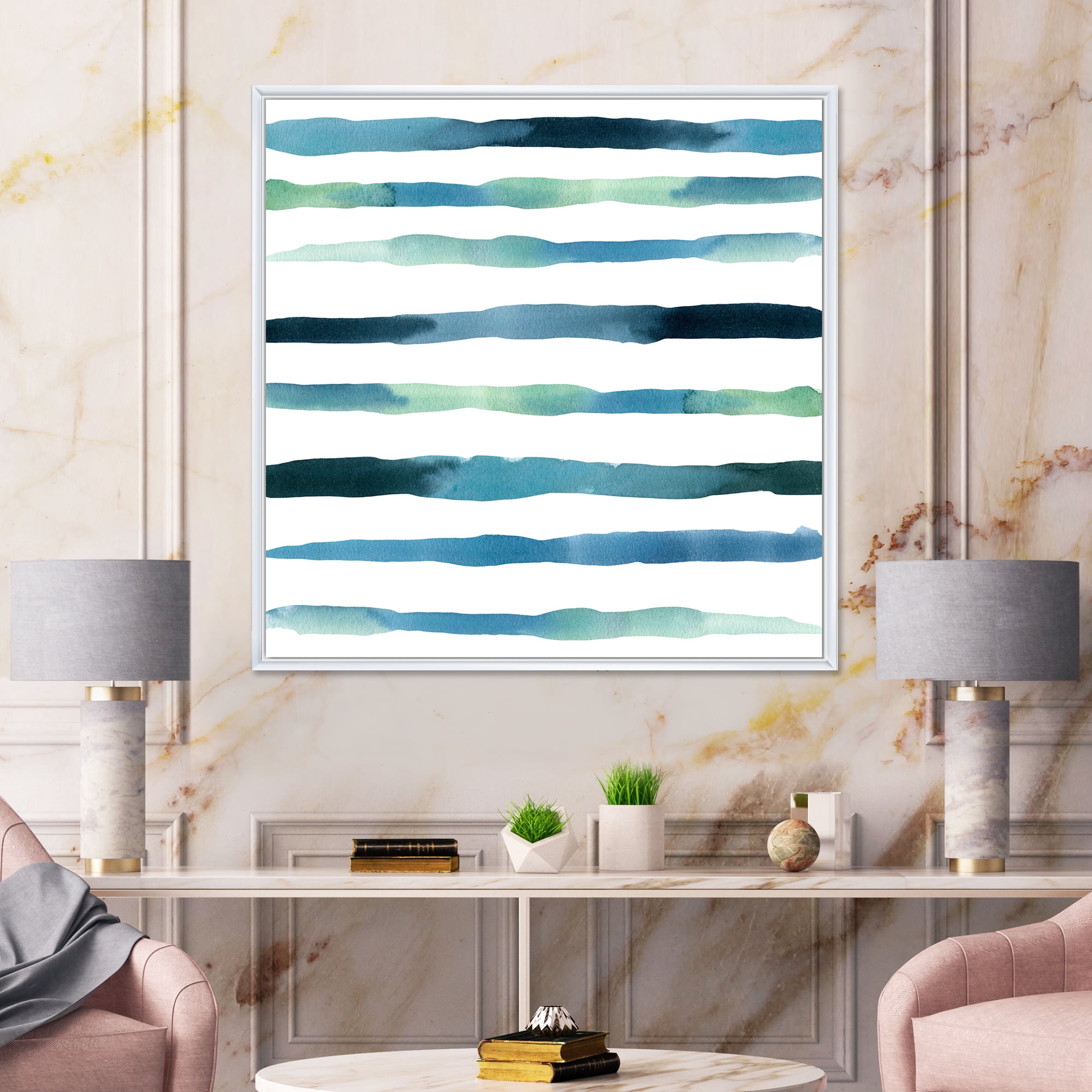 Designart 'Dark Blue Verticals Aquatic ' Modern Framed Canvas Wall Art Print
