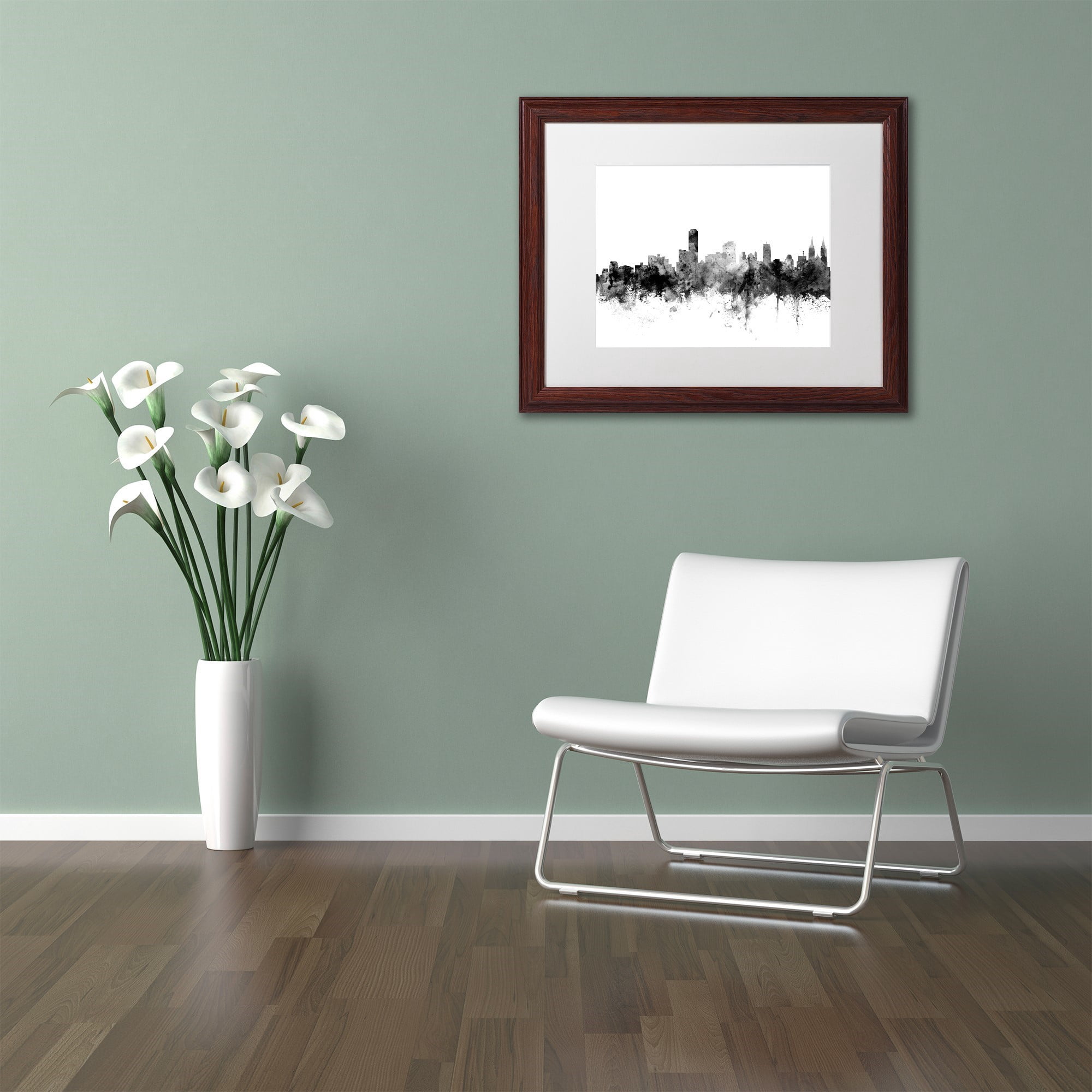 Trademark Fine Art "Adelaide Australia Skyline B&W" Canvas Art by Michael Tompsett, White Matte, Wood Frame