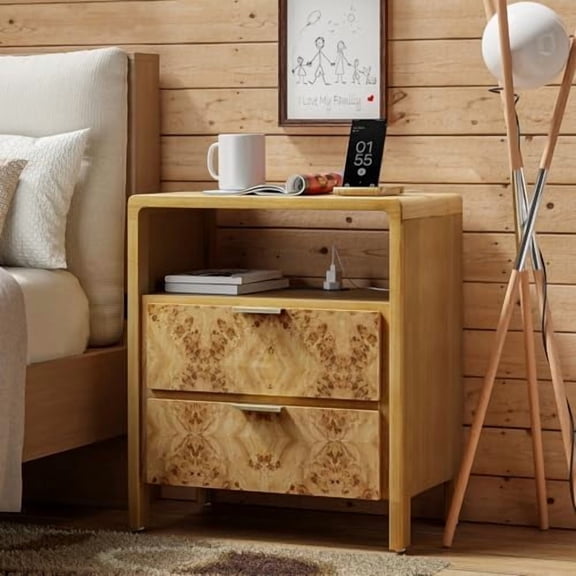 BURL fINISH nIGHTSTAND WITH cHARGING sTATION, sIDE tABLE WITH pOWER oUTLET AND usb & tYPE c pORTS, wOOD bEDSIDE tABLE FOR bEDROOM, fULLY aSSEMBLED, rUSTIC, nATURAL, fARMHOUSE
