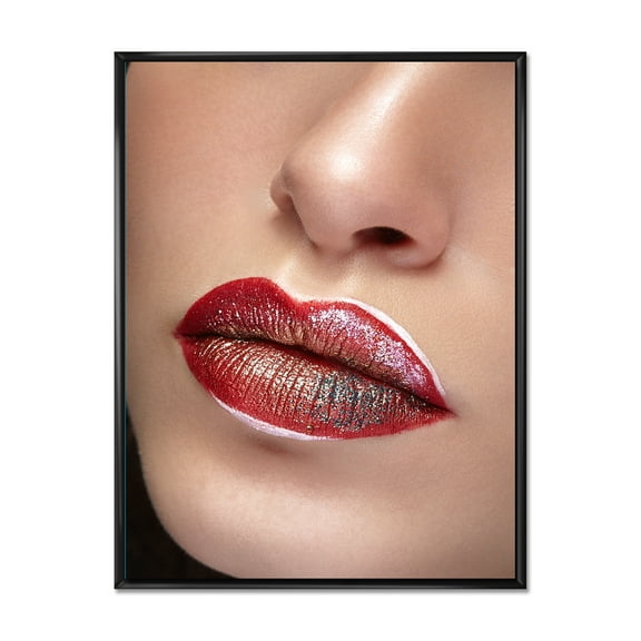 Designart 'Close Up Lips With Professional Lipstick and Make Up' Modern Framed Canvas Wall Art Print