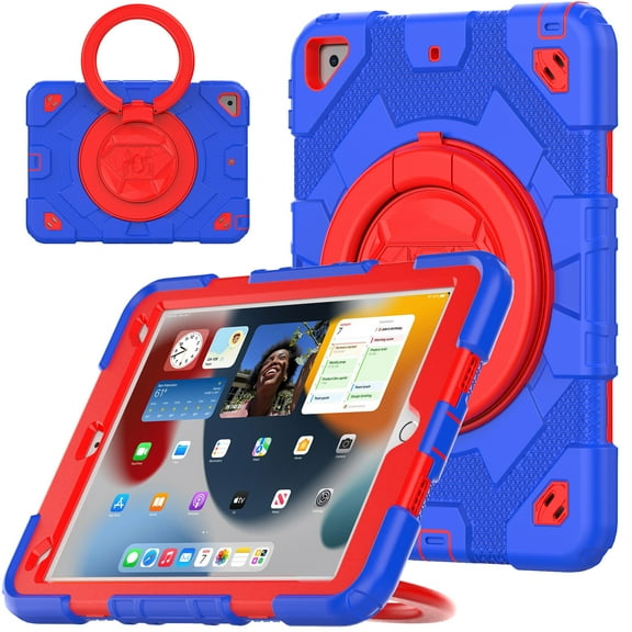 ELEHOLD Kids Case for iPad 9th/8th/7th Generation 10.2"(2021/2020/2019), Heavy Duty Rugged Shockproof Case with 360° Rotatable Folding Handle Grip Kickstand Crossbody Shoulder Strap,Blue