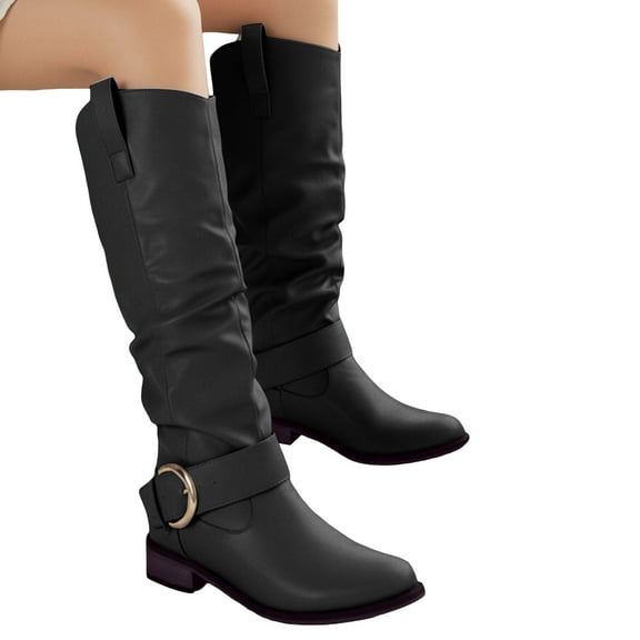 Rokment Slouchy Knee High Boots for Women 2025 Winter Fall Fashion Leather Pointed Toe Chunky Low Heel Long Tall Dress Boots Black Size 6