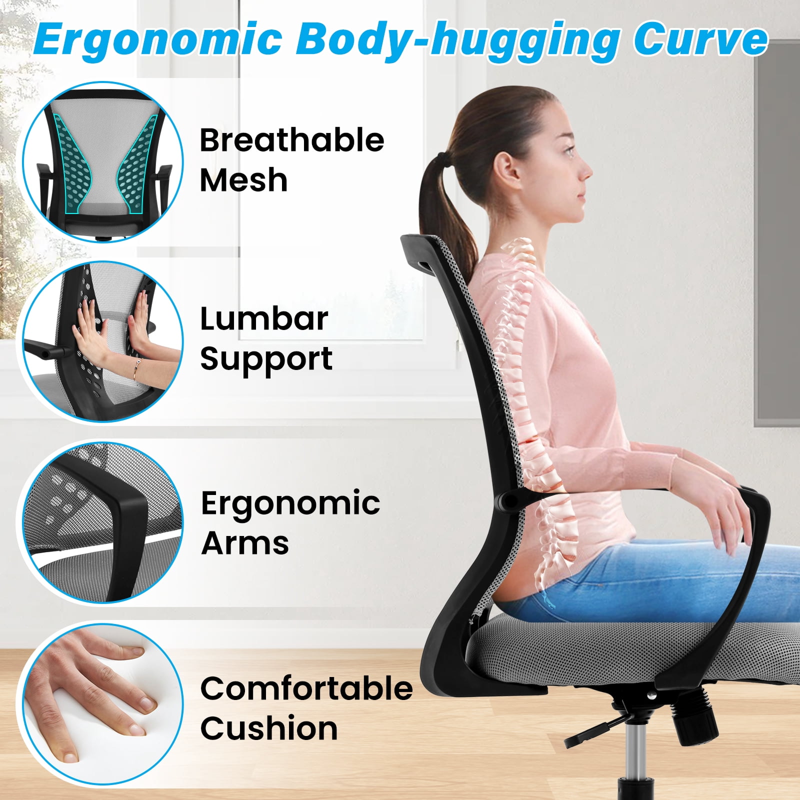Dkelincs Office Desk Chair Adjustable Mesh Mid Back Office Chair Ergonomic Computer Chair with Lumbar Support & Wheels,  Gray