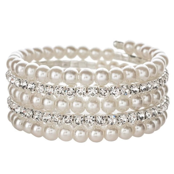 Xiao Hua Pulsera de perlas de imitación para mujer, con múltiples capas de cristales y diamantes de imitación, apilable, abierta, para novia, boda, color plateado