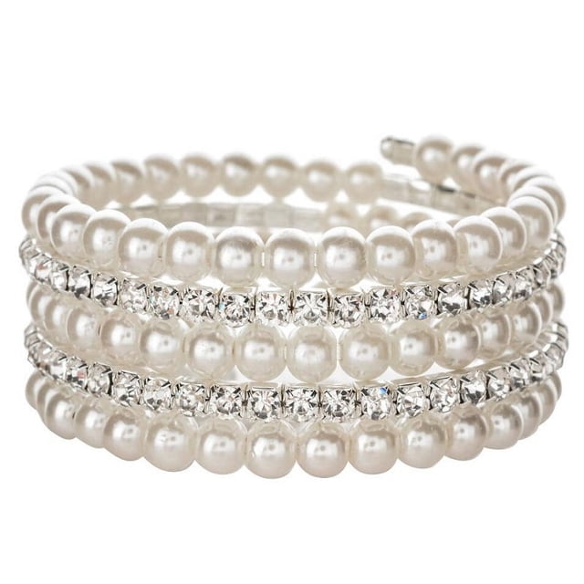 Xiao Hua Pulsera de perlas de imitación para mujer, con múltiples capas de cristales y diamantes de imitación, apilable, abierta, para novia, boda, color plateado
