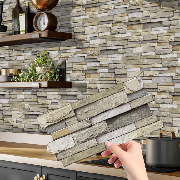 12Piece Self-Adhesive Tiles Stickers Wall Decals 4.72 x 9.68inch Beige Gray Mosaic Stone Brick Pattern DIY Decor Peel and Stick Backsplash Tile