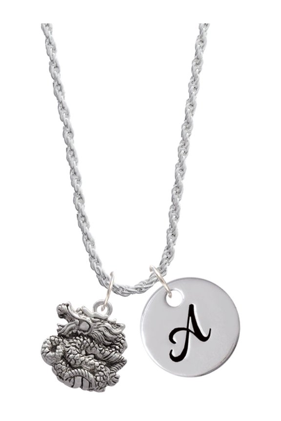 Silvertone Chinese Dragon Silvertone Script Initial Disc - A - Charm Necklace, 20"+3"
