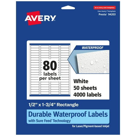 UPC: 0072782365479 | Avery Durable Waterproof Rectangle Labels with Sure Feed  .5  x 1.75   4 000 Oil and Tear-Resistant Labels  Laser/Pigment-Based Inkjet Printable Labels (36547)