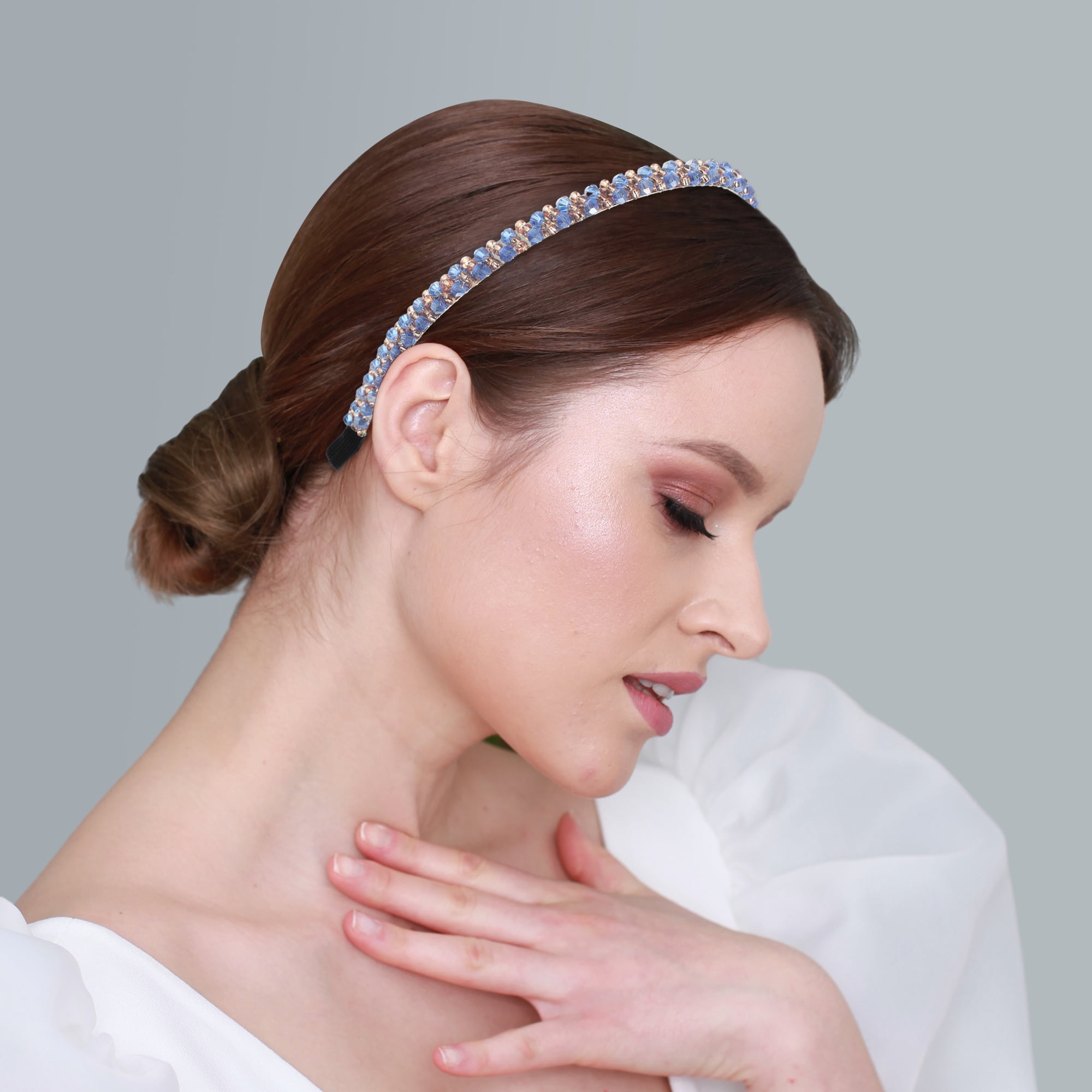 Unique Bargains 1 Pcs 2 Rows Rhinestone Headband Hairband for Women 0.31 Inch Wide Blue