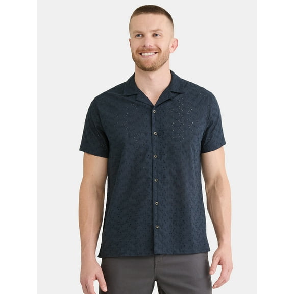 Fly By Night Men’s and Big Men’s Embroidered Cotton Eyelet Button Up Shirt with Short Sleeves, Sizes S-3XL