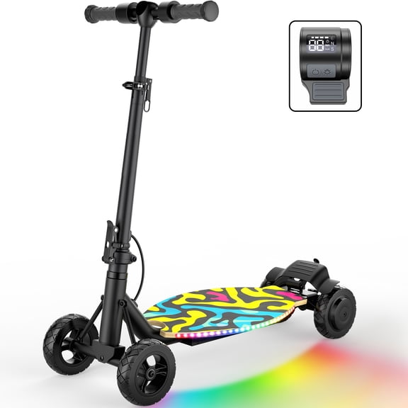 TOKTOO Kids Electric Scooter, 250W Motor, 4-Wheel, 5 Speed, Max Speed 10 MPH, 8.5 Miles Range, Colorful LED Lights, Foldable Electric Scooter for Kids, Gift for Boys Girls, Black