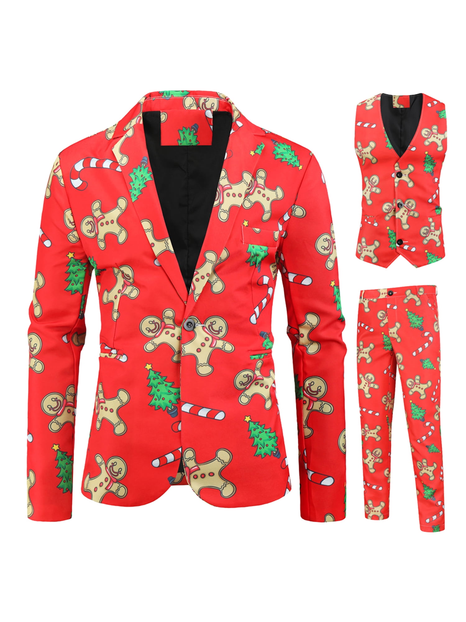 Amuver New Ugly Christmas Party Costume Men Women New Christmas Suit Jacket+Sleeveless Vest+Long Pants Trousers 3pcs, Men's, Size: Medium, Red
