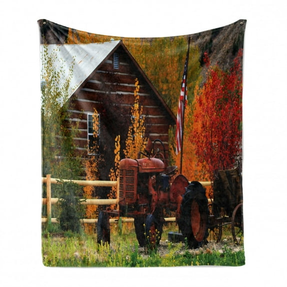 Fall Soft Flannel Fleece Throw Blanket, Rustic Cabin Rusty Tractor Country Cottage House Seasonal Colors US Flag Loyalty, Cozy Plush for Indoor and Outdoor Use, 60" x 80", Multicolor, by Ambesonne