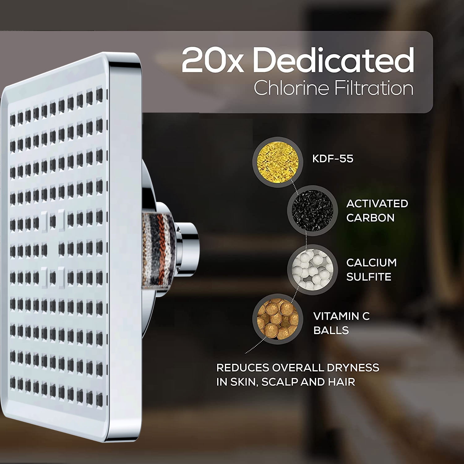 6"  Filter Shower Head with High Pressure Rain Showerhead, Adjustable Brass Ball Joint, Touch-Clean Nozzles, Anti-Clog (ABS, G1/2")