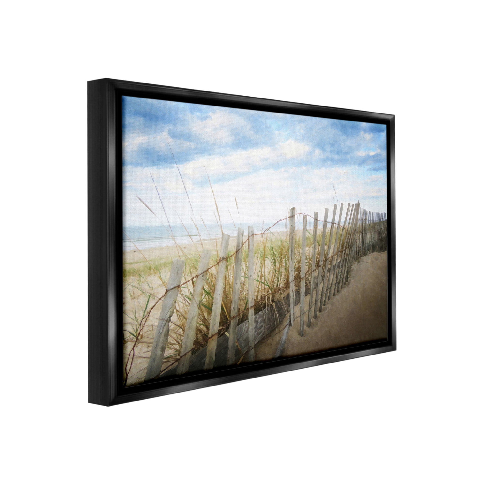Stupell Industries Summer Beach Fence Landscape Painting Black Floater Framed Canvas Art Print Wall Art, 21 x 17