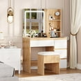thumbnail image 3 of Kojooin Coiffeuse avec Miroir LED, Coiffeuse avec 4 Tiroirs, Prises Électriques, Tabouret de Rangement, Étagères de Rangement et Sèche-Cheveux, Réglable 3 Modes d'Éclairage, Ensemble de Coiffeuse pour Chambre, 3 of 9