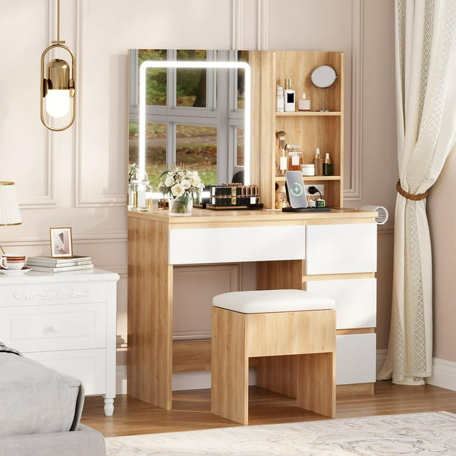 BeesClover Vanity Desk with LED Mirror, Makeup Vanity Desk with 4 Drawers, Power Outlets, Adjustable 3 Lighting Modes, Makeup Vanity Set for Bedroom