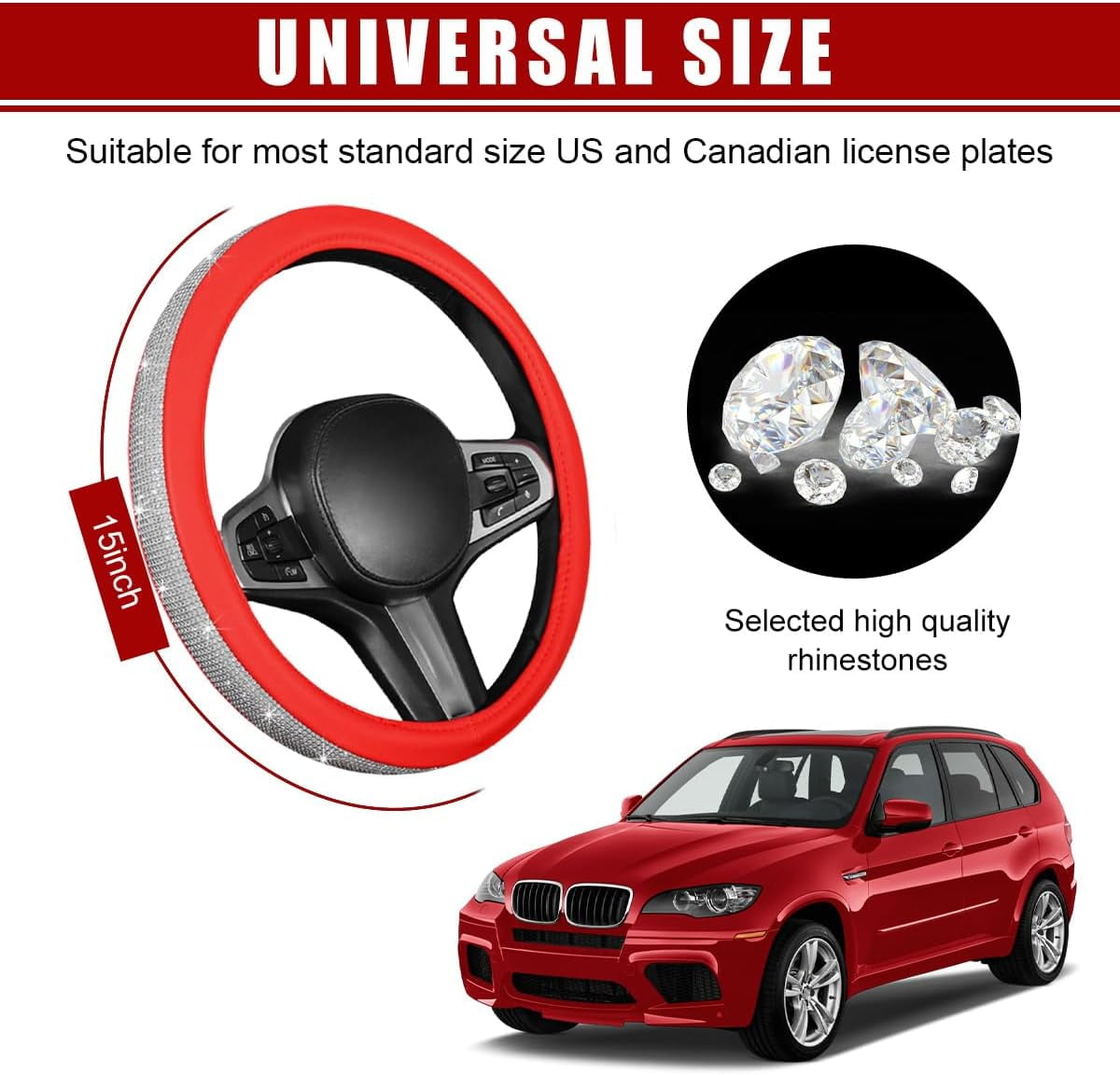 Sparkling Crystal Rhinestone Bling Car Steering Wheel Cover for Women Anti Slip Auto Wheel Protector Fit 15 Inch Steering Wheel Universal Car Accessories, White Red