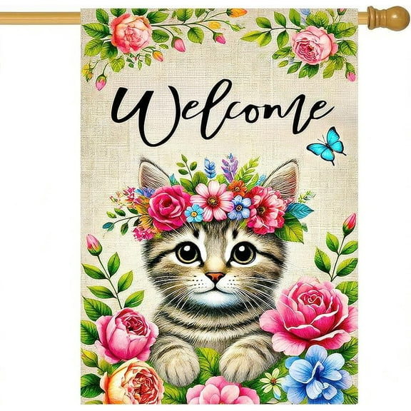 Spring Summer Garden Flag 12x18 Double Sided Floral Crown Cat Garden Flag for Outside Small Burlap Welcome Yard Flag Farmhouse Outdoor Decorative Flag