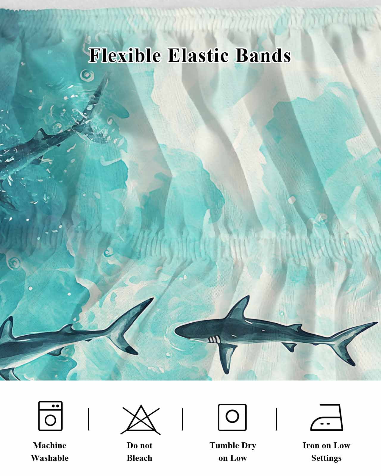 Ocean Shark Wrap Around Bed Skirts for Queen Bed 16" Drop, Bed Skirt with Adjustable Elastic Belt Dust Ruffle Bed Valance for Bedroom Hotel Luxury Teal Green Wave Summer Beach Coastal Bed Frame Cover