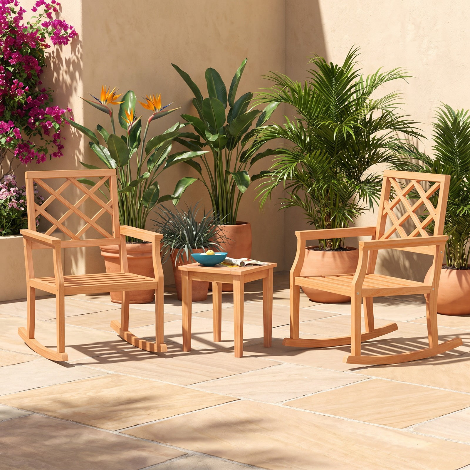 Furnibear Outdoor Rocking Chair Solid Teak Wood for Patio Porch Poolside Brown 400 lbs Capacity Weather-Resistant Outdoor Furniture