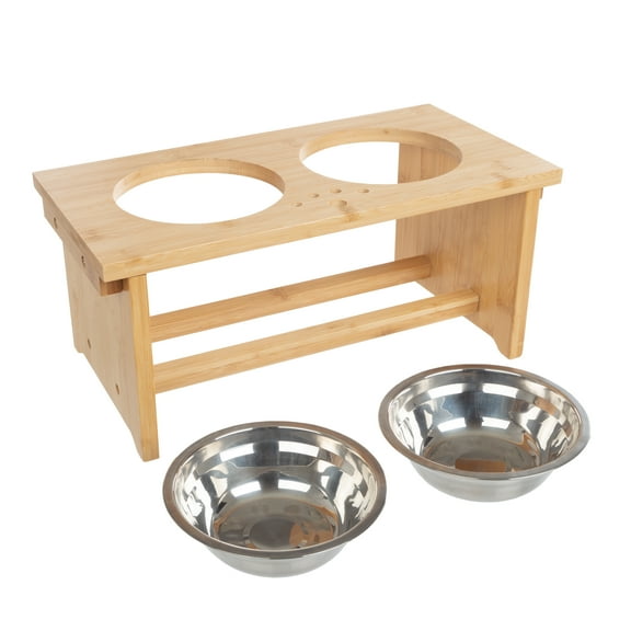 Petmaker Elevated Dog Pet Bowls with Stand - 7-Inch Bamboo Feeder with 2 Stainless Bowls - Hold 20oz