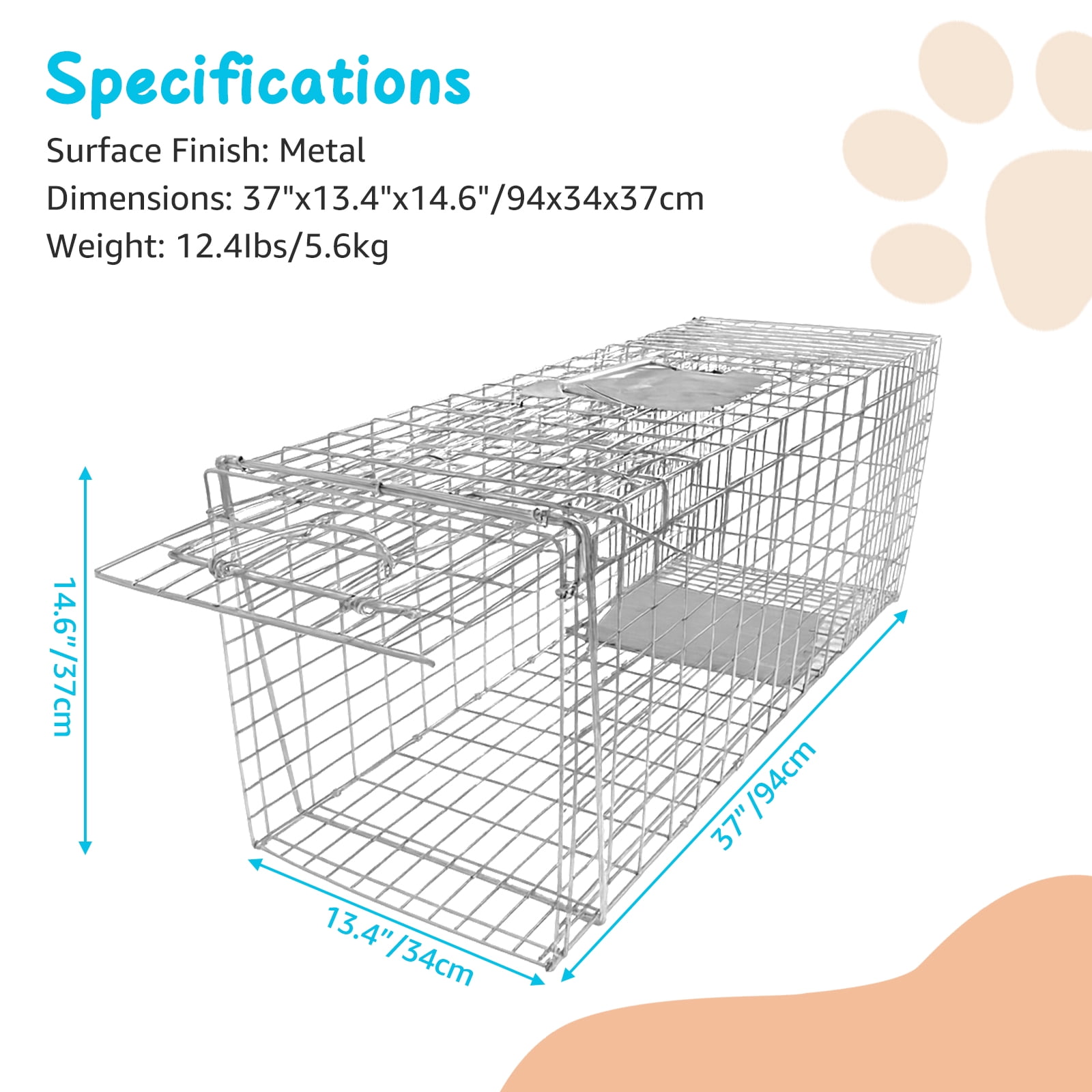 PRIJESSE 37inch Foldable Humane Live Animal Trap Cage for Squirrel, Rat, Bunny, Mink, No-Kill Bait Trapping Kit, Catch & Release, Silver