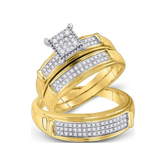 FB Jewels 10kt Yellow Gold His & Hers Round Diamond Cluster Matching Bridal Wedding Ring Band Set 3/8 Cttw