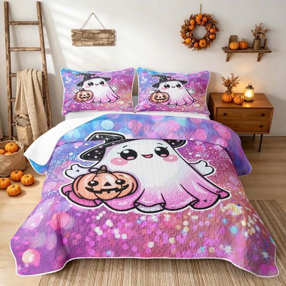 Erosebridal Kawaii Witch Ghost Twin Quilt Set, Cute Jack O Lantern Twin Coverlet Set for Girls, Pink Black White, 2-Piece 1 Bedspread and 1 Pillowcase