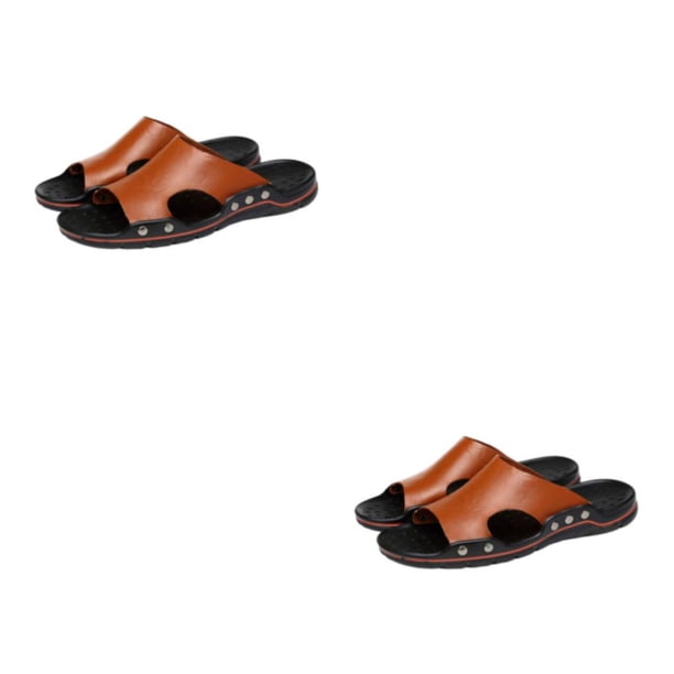 Guardurnaity Zapatillas de cuero Zapatos casuales Diapositivas Sandalias planas suaves Moda Cómodo Antideslizante Al aire libre Playa Casa Caminar Marrón treinta y nueve 2piezas