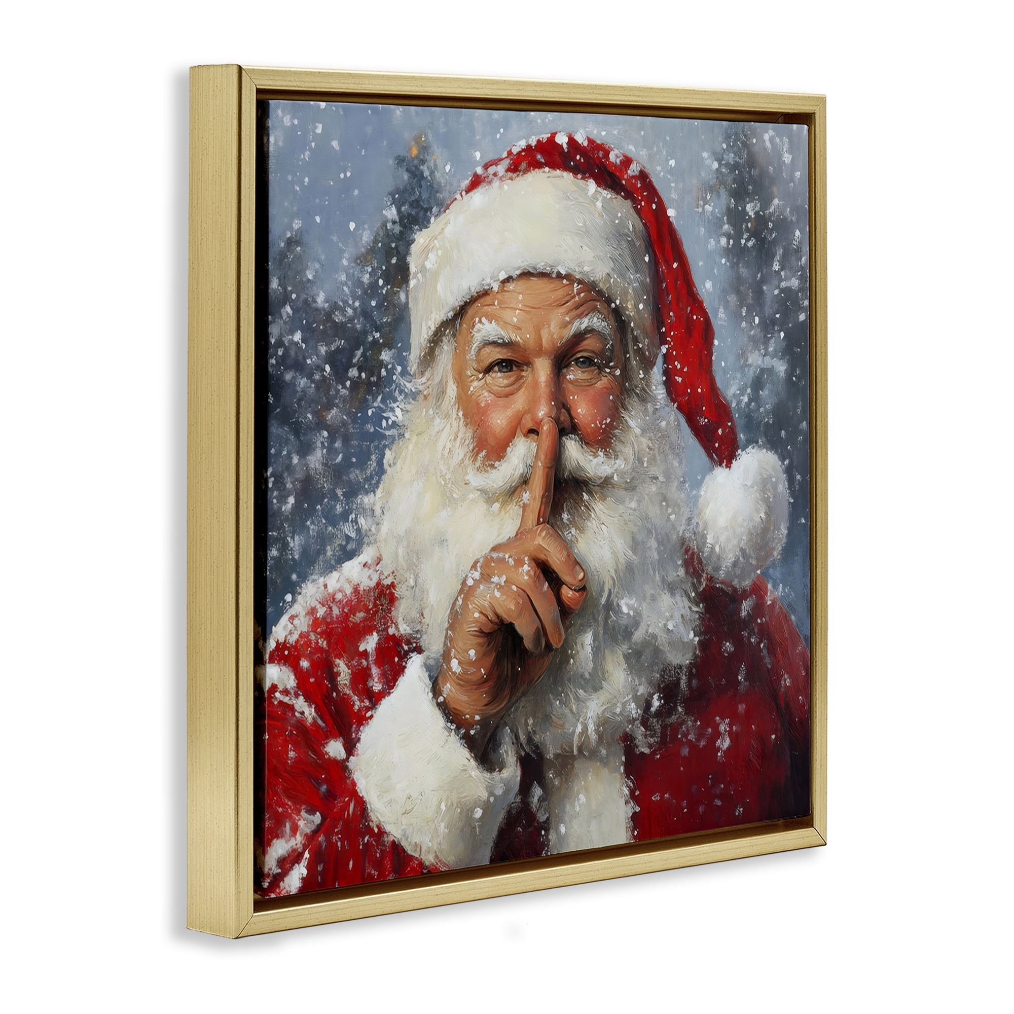 Secret Santa Shh Gold Framed Floater Canvas Wall Art, design by Petal Prints Design