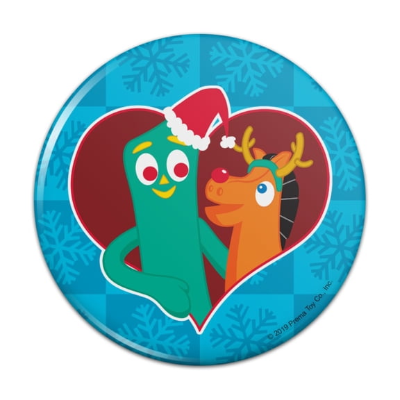 Christmas Gumby And Pokey In Heart With Santa Hat and Red Nose Pinback Button Pin