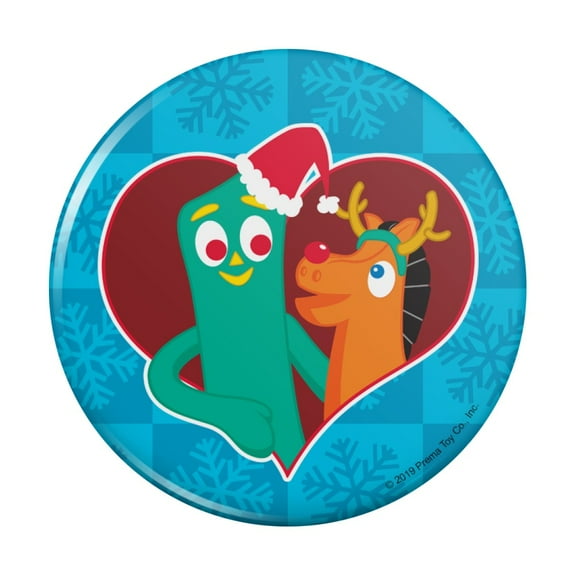 Christmas Gumby And Pokey In Heart With Santa Hat and Red Nose Pinback Button Pin