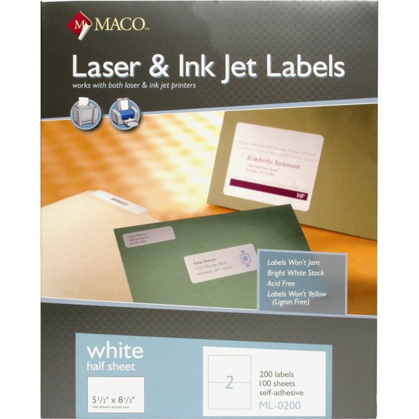 Maco, MACML0200, White Halfsheet Labels, 200 / Box, White