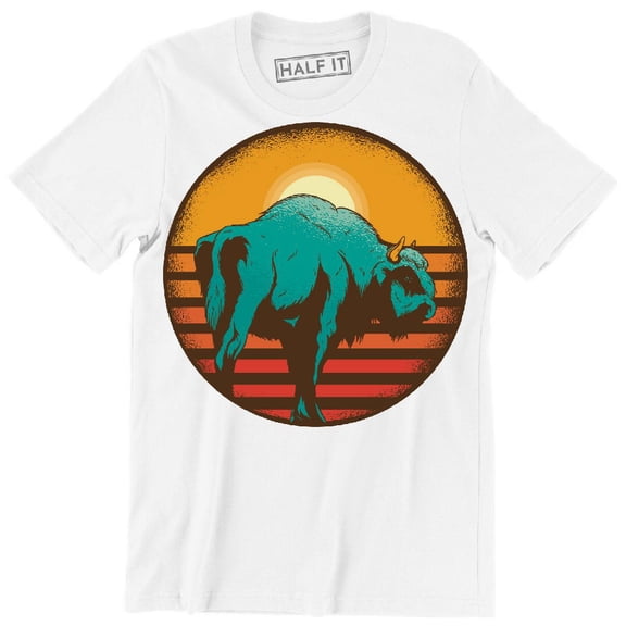Bison With A Vintage Sunset In The Background Funny Animal Men's T-Shirt