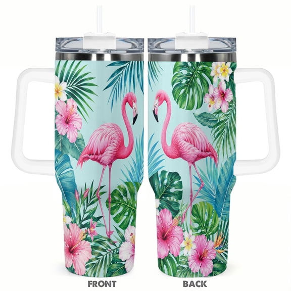 40oz Pink Flamingo Tropical Floral Car Tumbler with Handle and Straw Gift Stainless Steel Insulated Travel Coffee Cup for Women