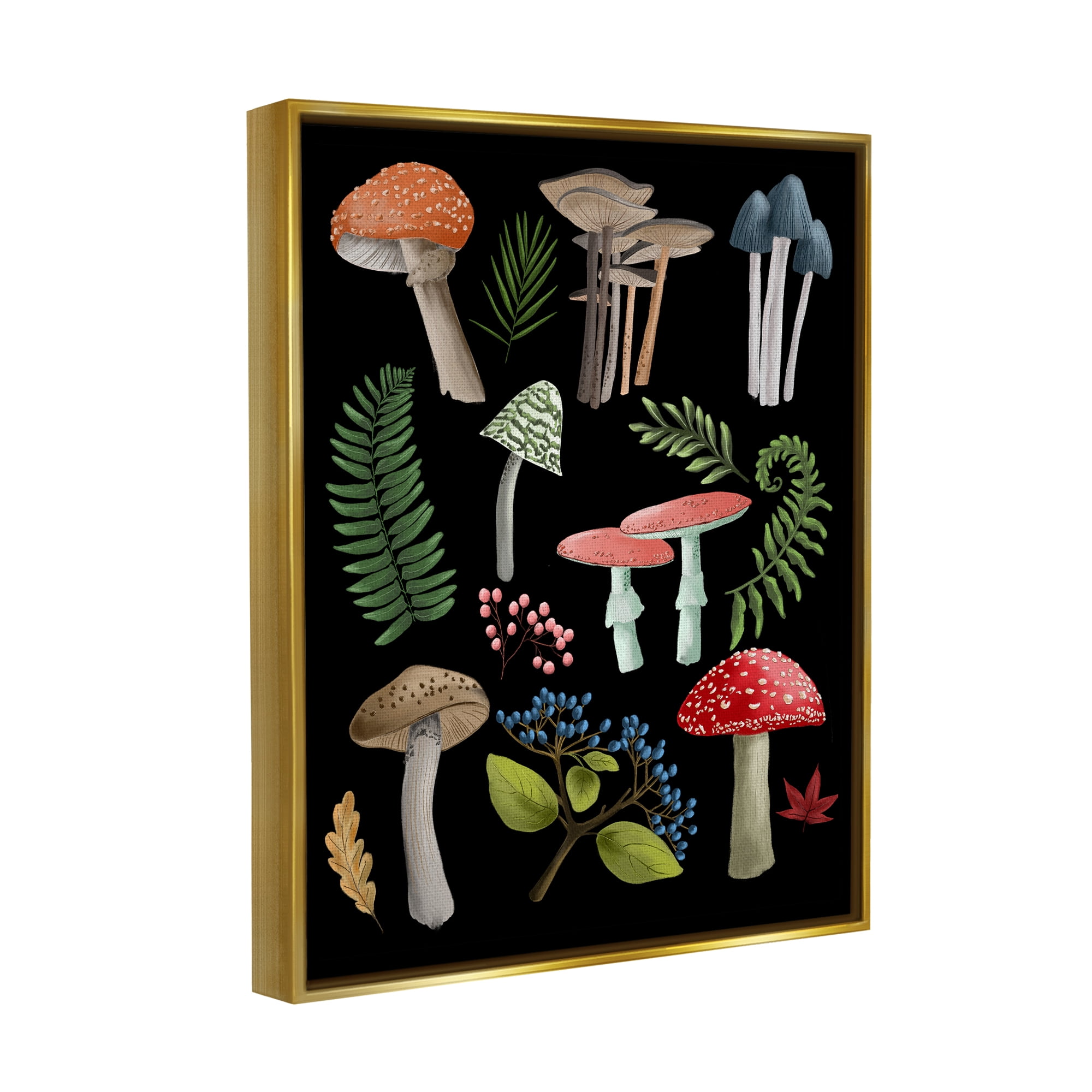 Stupell Industries Woodland Botanicals on Black Botanical & Floral Painting Gold Floater Framed Canvas Art Print Wall Art, 17 x 21