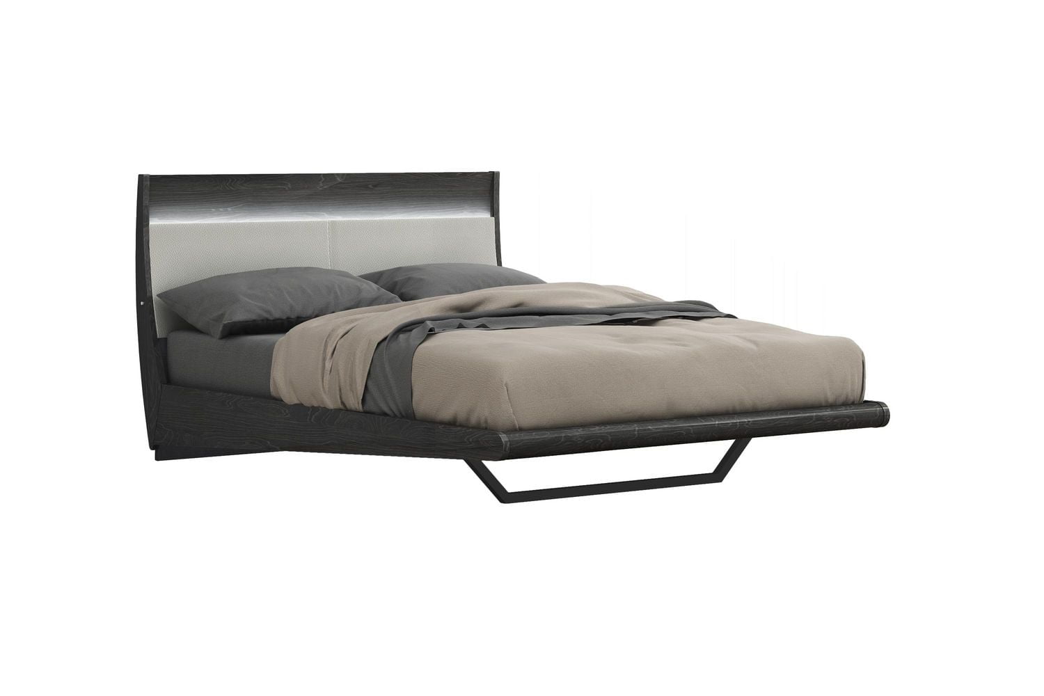 K-Living Asher Grey Lacquer Finish Lit Queen avec tête de lit rembourrée en PU et lumière LED One-Touch