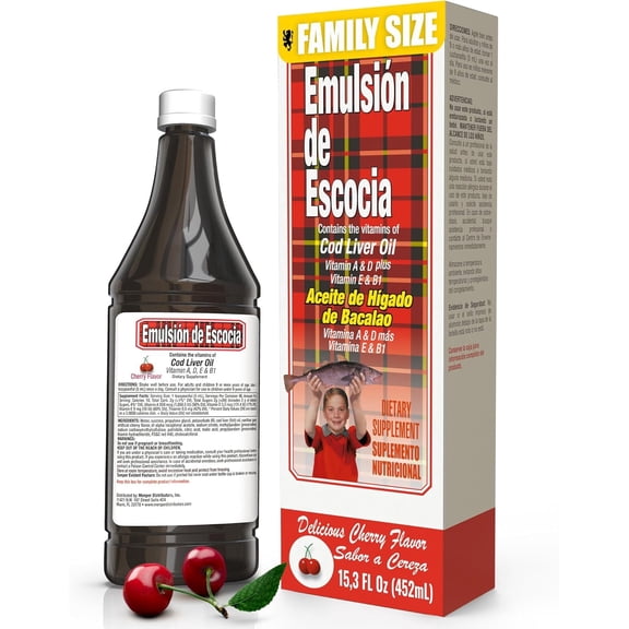Emulsion de Escocia with Cod Liver Oil – Cherry Flavor – Vitamins A, D, E & B1 for Immune and Liver Support – Liquid Supplement for Kids – 15.3 Fl Oz | 1-Pack