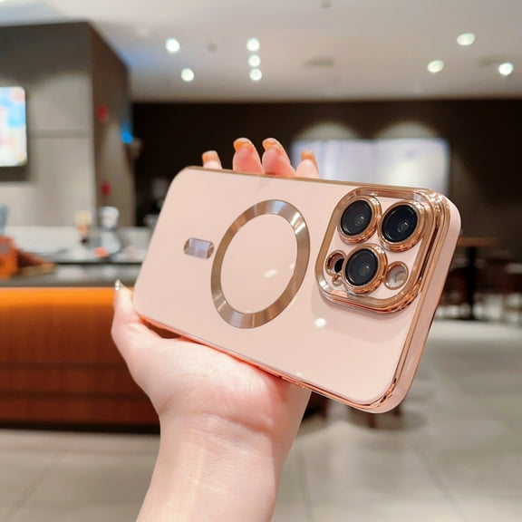 for iPhone 14 Pro, Nalacover [Compatible with Magsafe] Slim Cute Love Luxury Plating Edge Bumper Case with Full Camera Lens Shockproof Anti-Scratch Case For iPhone 14 Pro, Pink