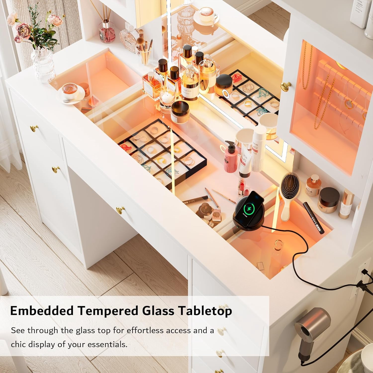 Laisnet White Makeup Vanity Desk with Mirror, RGB Lights & Power Outlet, Dressing Table with Glass Top & Jewelry Storage, 7 Drawers & 3 Cabinets