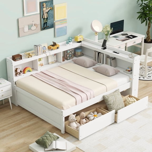 Mirightone Full Daybed with Storage Bookcase and Drawers, Wood Corner Bed with Charging Station, Full Size Bed Frame Whtie.