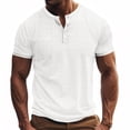 thumbnail image 2 of Rggeeun Mens T-Shirts Solid Color Plaid Pattern V Neck Short Sleeve front Buttons Slim Fit Lightweight for Summer Streetwear Simple Tee,White,M, 2 of 9