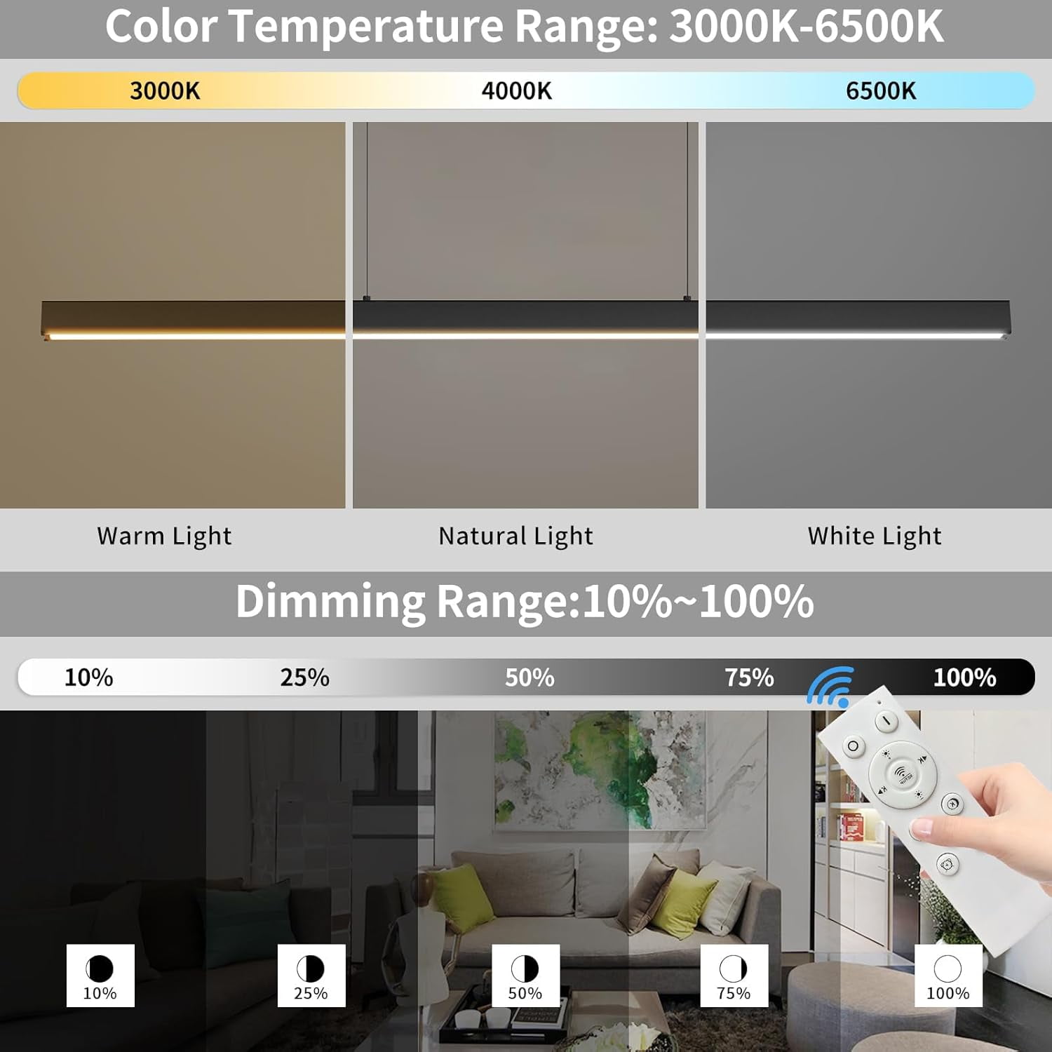 39inch Black Chandelier Modern LED Linear Ceiling Pendant Light Fixtures Hanging Color Temperature and Height Adjustable Pool Table Light for Dining Room Kitchen Island