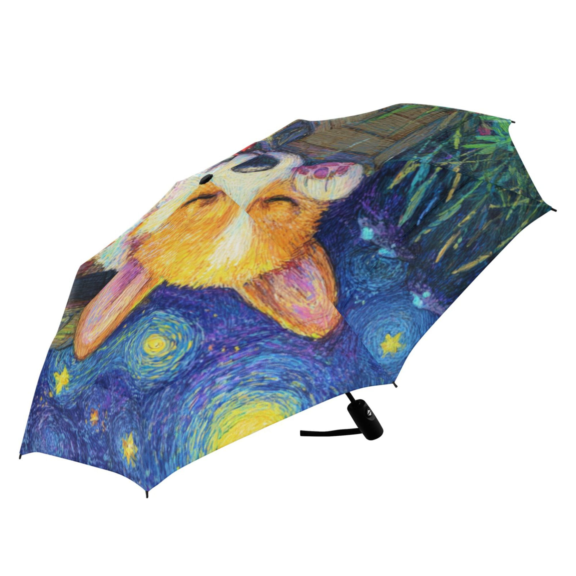 21" Inch Auto Open Close Folding Umbrella Windproof Waterproof Full Print 8-Rib Compact Travel Umbrella for Rainy Days Oil Painting Of A Sleeping Corgi
