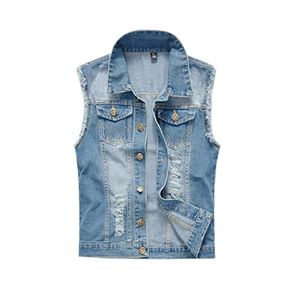 KTMKH Fashion Mens Denim Vest Jacket Sleeveless Pockets For Casual Wear Top Blouse