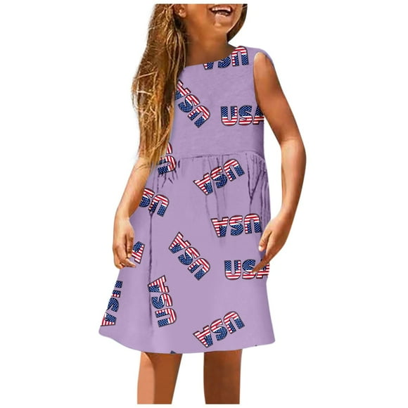 PMUYBHF Girls Easter Dresses Size 7-8 Blue Girl's 4Th of July Sleeveless Dress Cute Patriotic Flag Print a Line Stretchy Comfortable Summer Casual Play Dress for Toddler Kids