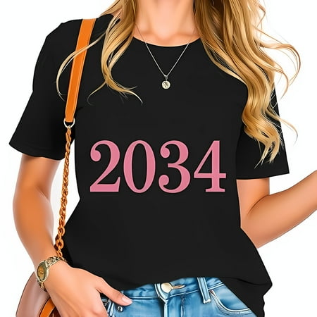 Sparkly Glittery 2034 Black Crew Neck T-Shirt for Women - Stylish Casual Top with Long Hair Light Wash Jeans & Crossbody Bag