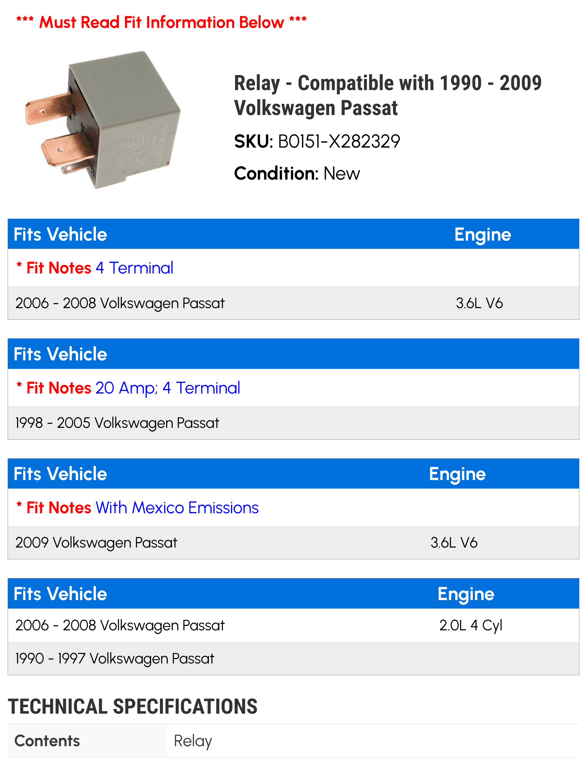 Relay - Compatible with 1990 - 2009 Volkswagen Passat 1991 1992 1993 1994 1995 1996 1997 1998 1999 2000 2001 2002 2003 2004 2005 2006 2007 2008